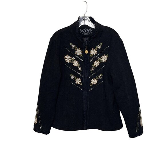 Icelandic Women's Wool Gray Jacket Floral Embroidery Zipper Closure Size XL - Picture 1 of 10